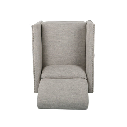Fauteuil inclinable moderne en tissu avec repose-pieds, détails cloutés et pieds en bouleau