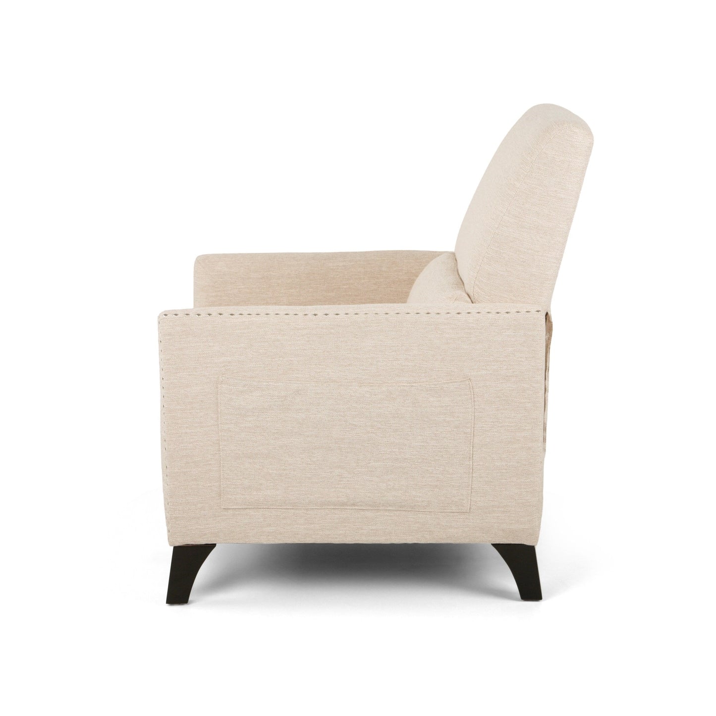 Fauteuil inclinable moderne en tissu avec repose-pieds, détails cloutés et pieds en bouleau