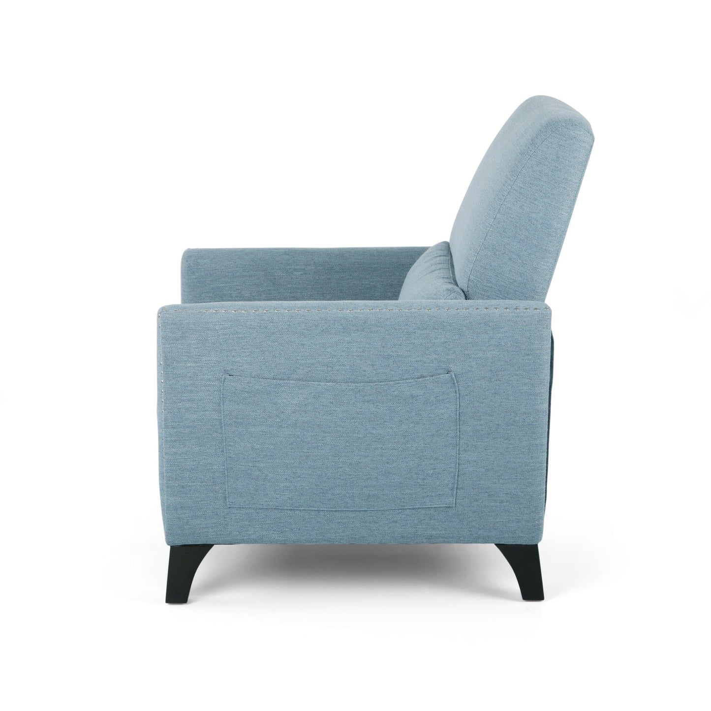 Fauteuil inclinable moderne en tissu avec repose-pieds, détails cloutés et pieds en bouleau
