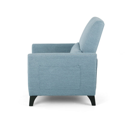 Fauteuil inclinable moderne en tissu avec repose-pieds, détails cloutés et pieds en bouleau
