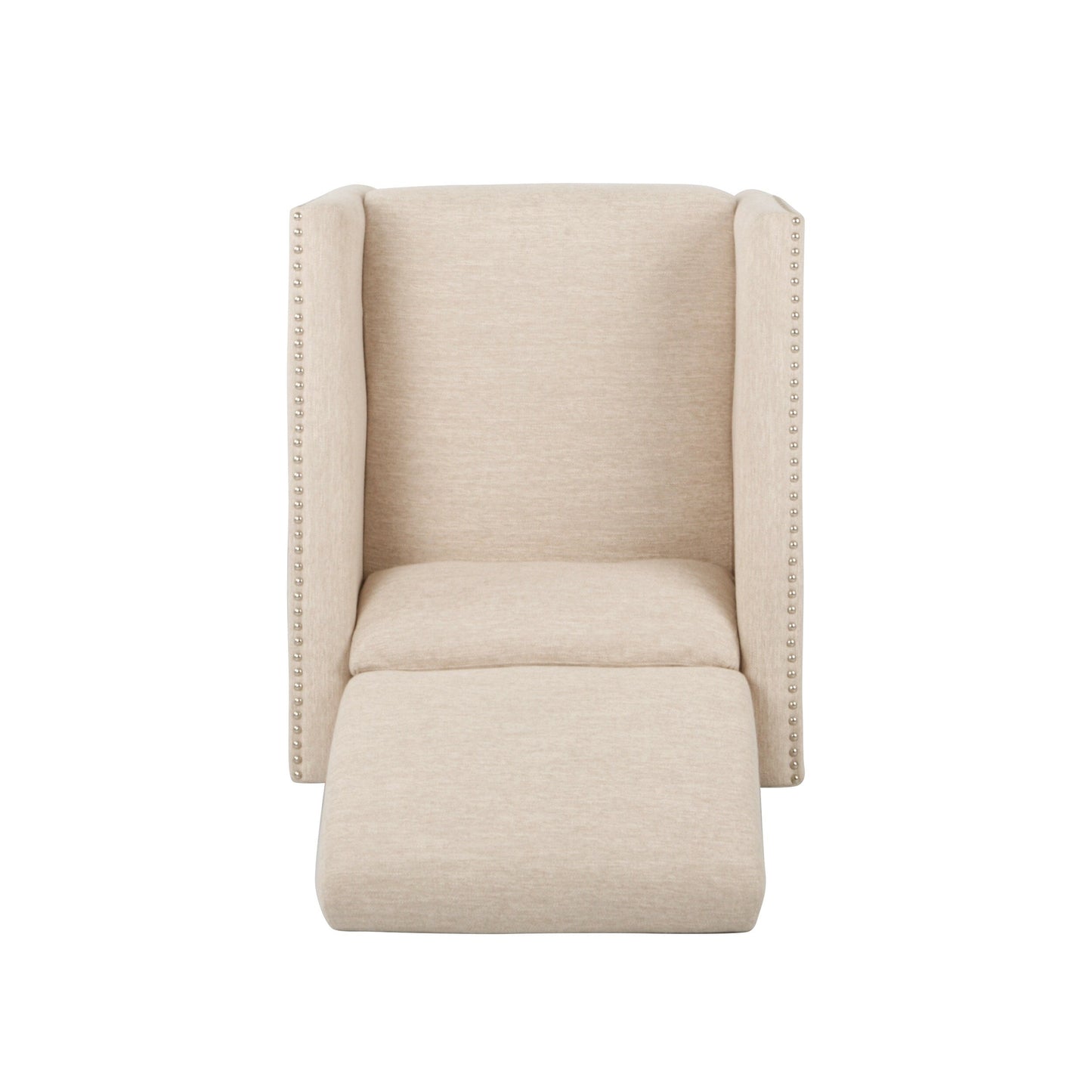 Fauteuil inclinable moderne en tissu avec repose-pieds, détails cloutés et pieds en bouleau