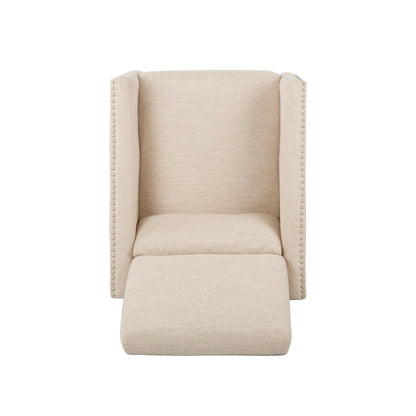 Fauteuil inclinable moderne en tissu avec repose-pieds, détails cloutés et pieds en bouleau