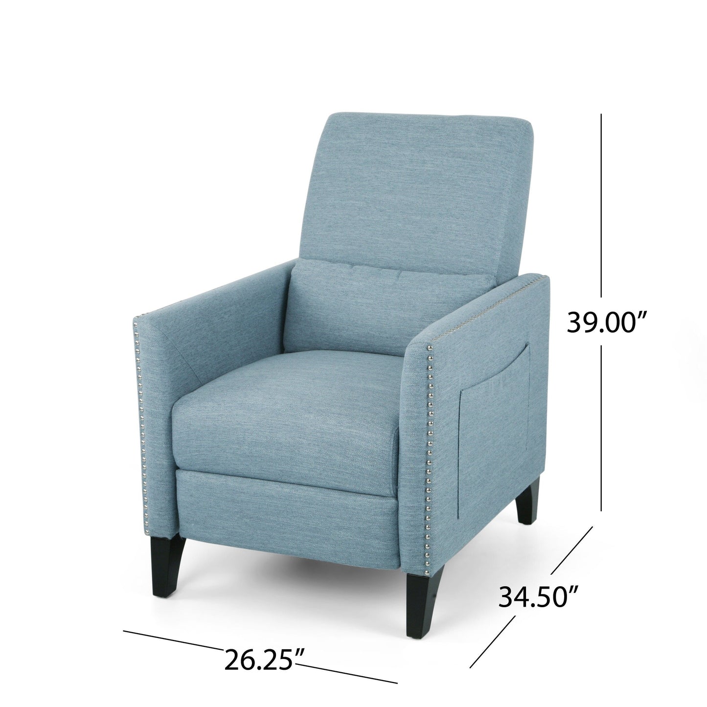Fauteuil inclinable moderne en tissu avec repose-pieds, détails cloutés et pieds en bouleau
