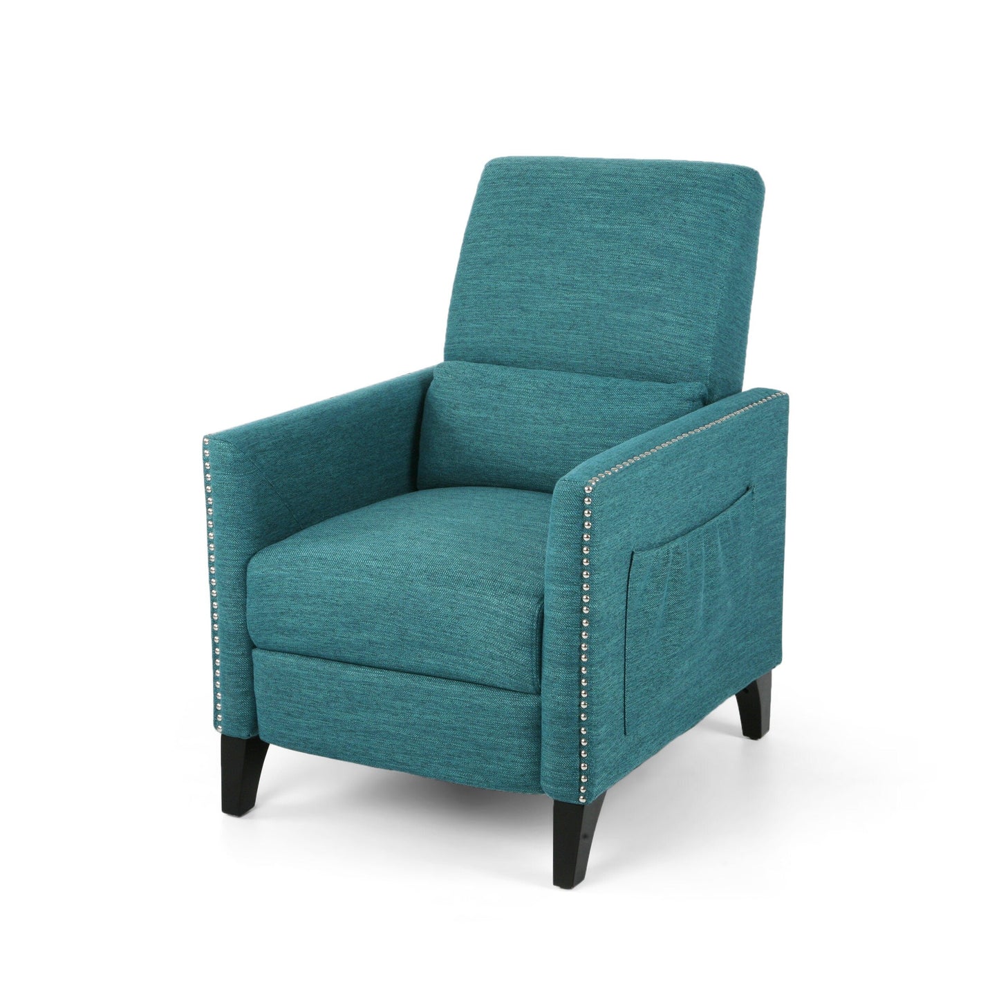 Fauteuil inclinable moderne en tissu avec repose-pieds, détails cloutés et pieds en bouleau
