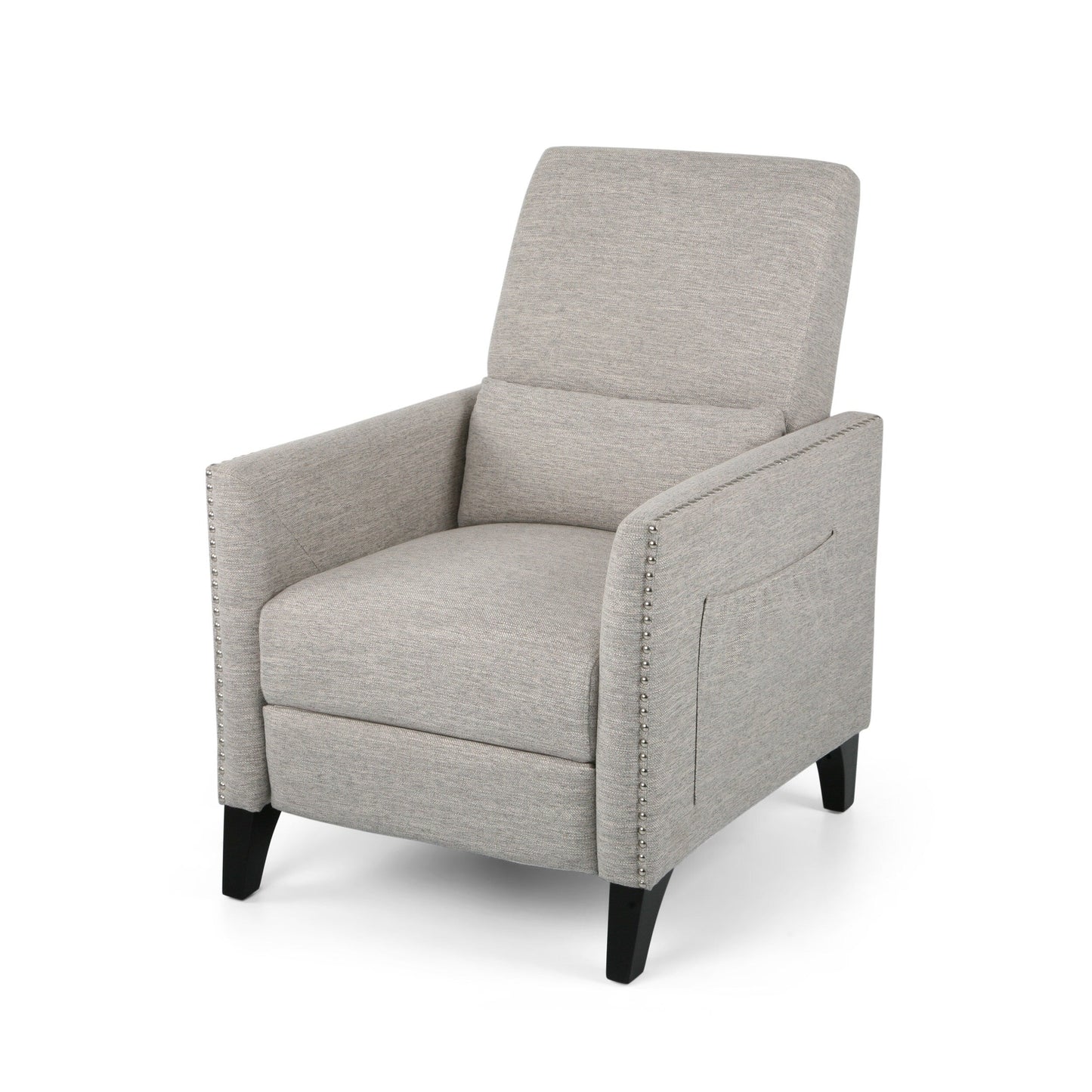 Fauteuil inclinable moderne en tissu avec repose-pieds, détails cloutés et pieds en bouleau