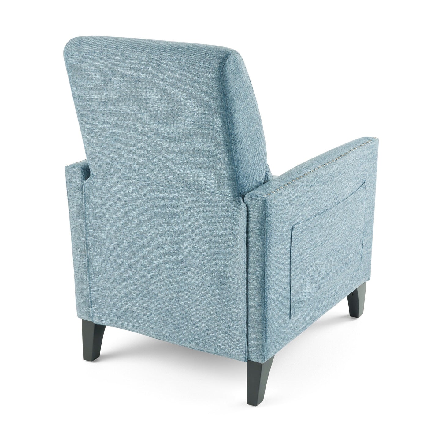 Fauteuil inclinable moderne en tissu avec repose-pieds, détails cloutés et pieds en bouleau