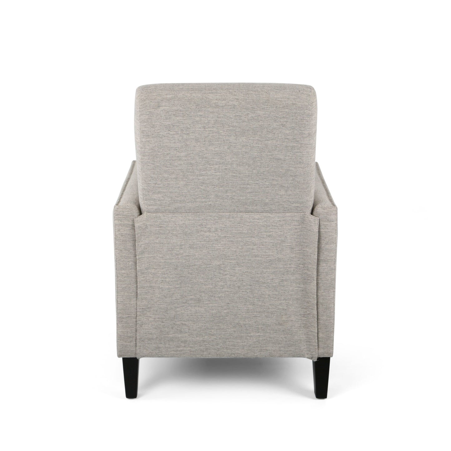 Fauteuil inclinable moderne en tissu avec repose-pieds, détails cloutés et pieds en bouleau