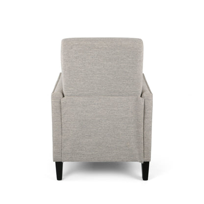 Fauteuil inclinable moderne en tissu avec repose-pieds, détails cloutés et pieds en bouleau
