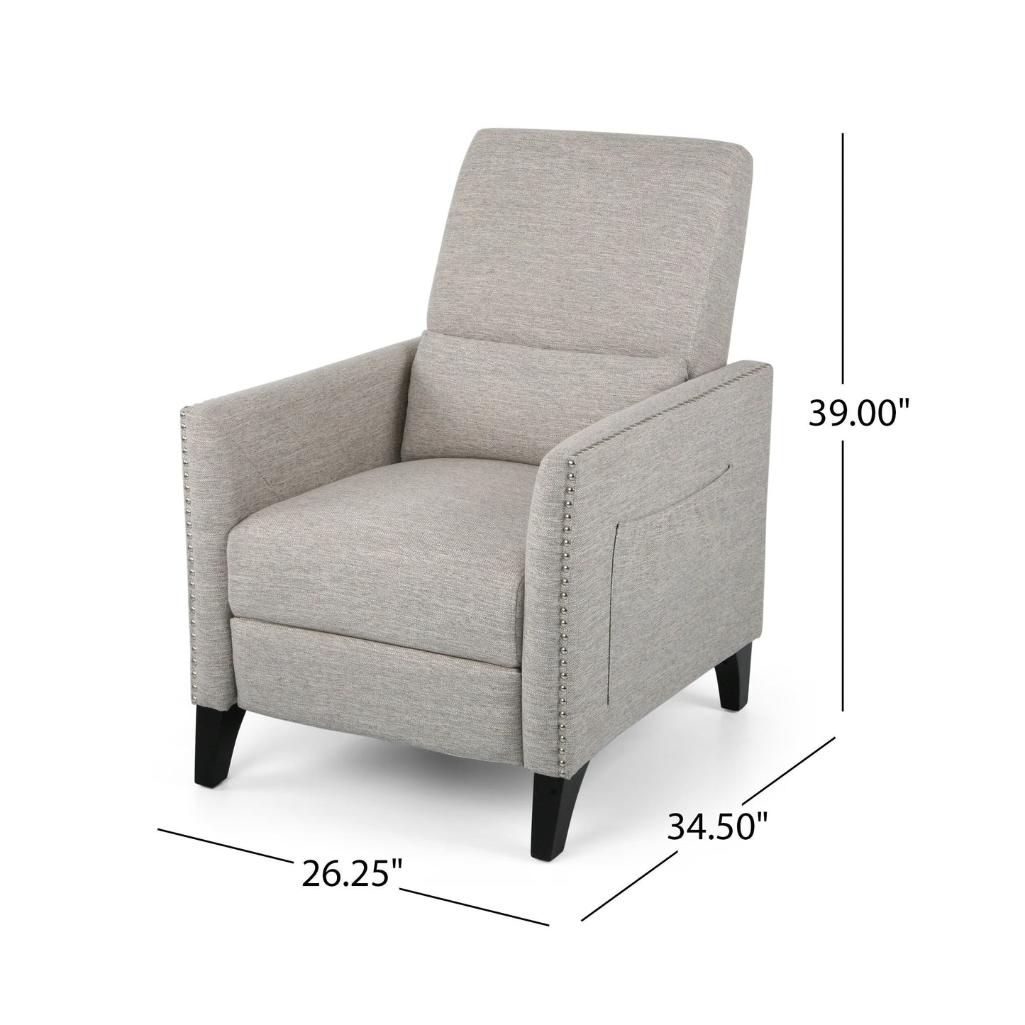 Fauteuil inclinable moderne en tissu avec repose-pieds, détails cloutés et pieds en bouleau