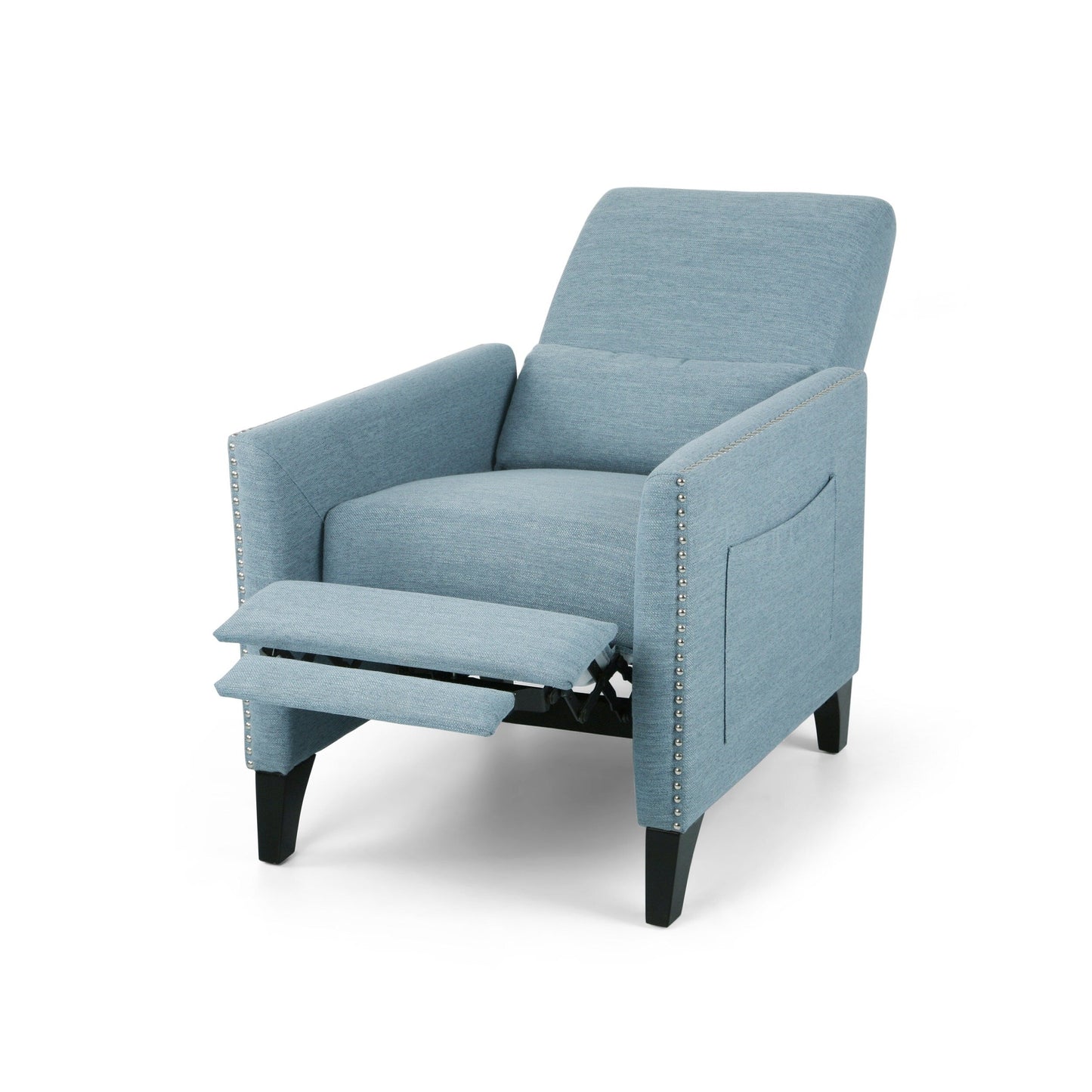 Fauteuil inclinable moderne en tissu avec repose-pieds, détails cloutés et pieds en bouleau