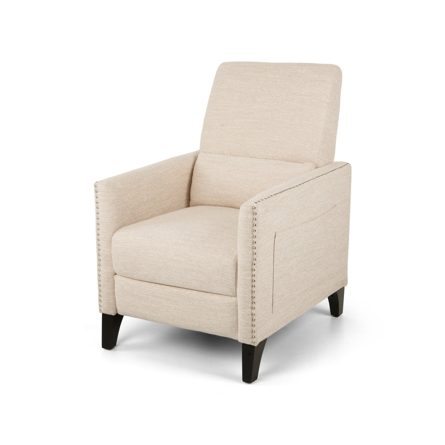 Fauteuil inclinable moderne en tissu avec repose-pieds, détails cloutés et pieds en bouleau