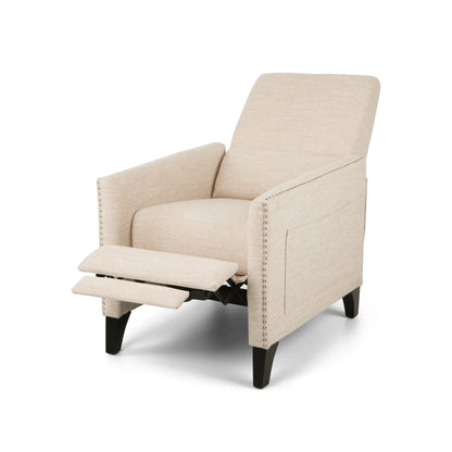Fauteuil inclinable moderne en tissu avec repose-pieds, détails cloutés et pieds en bouleau