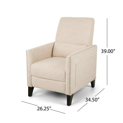 Fauteuil inclinable moderne en tissu avec repose-pieds, détails cloutés et pieds en bouleau