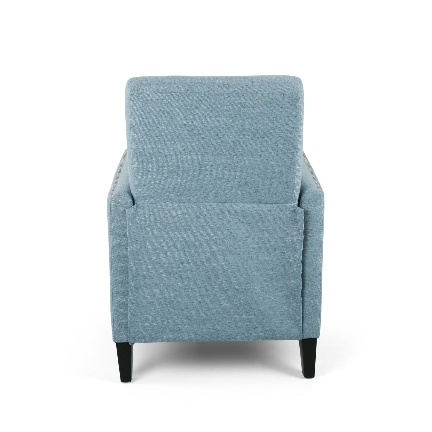 Fauteuil inclinable moderne en tissu avec repose-pieds, détails cloutés et pieds en bouleau