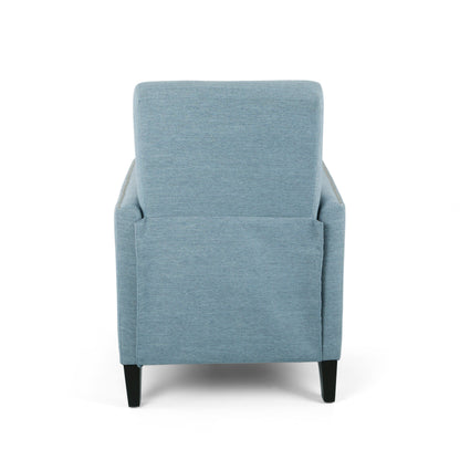 Fauteuil inclinable moderne en tissu avec repose-pieds, détails cloutés et pieds en bouleau