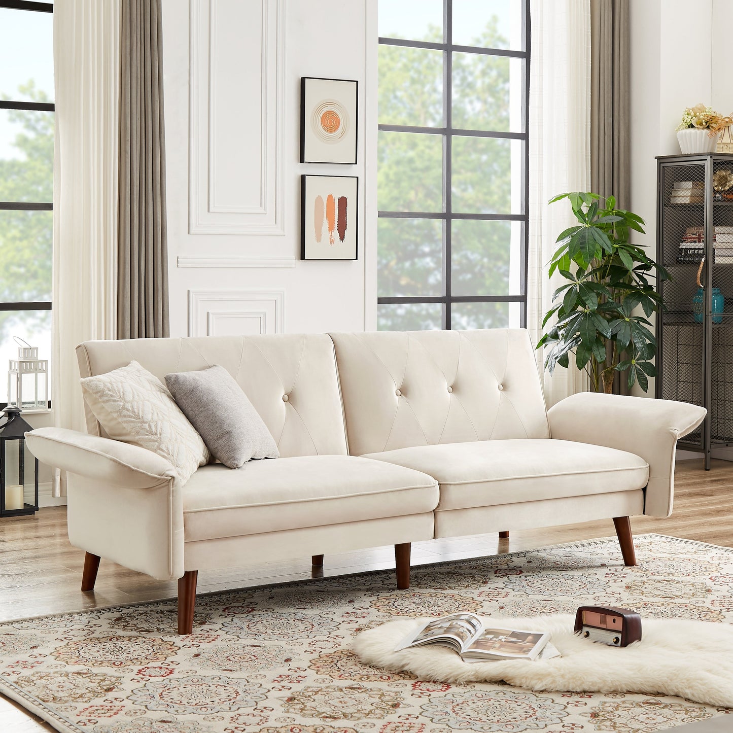 Canapé-lit futon moderne, canapé-lit convertible avec pieds fuselés en bois, 78,35 po, petit canapé à dossier divisé pour salon