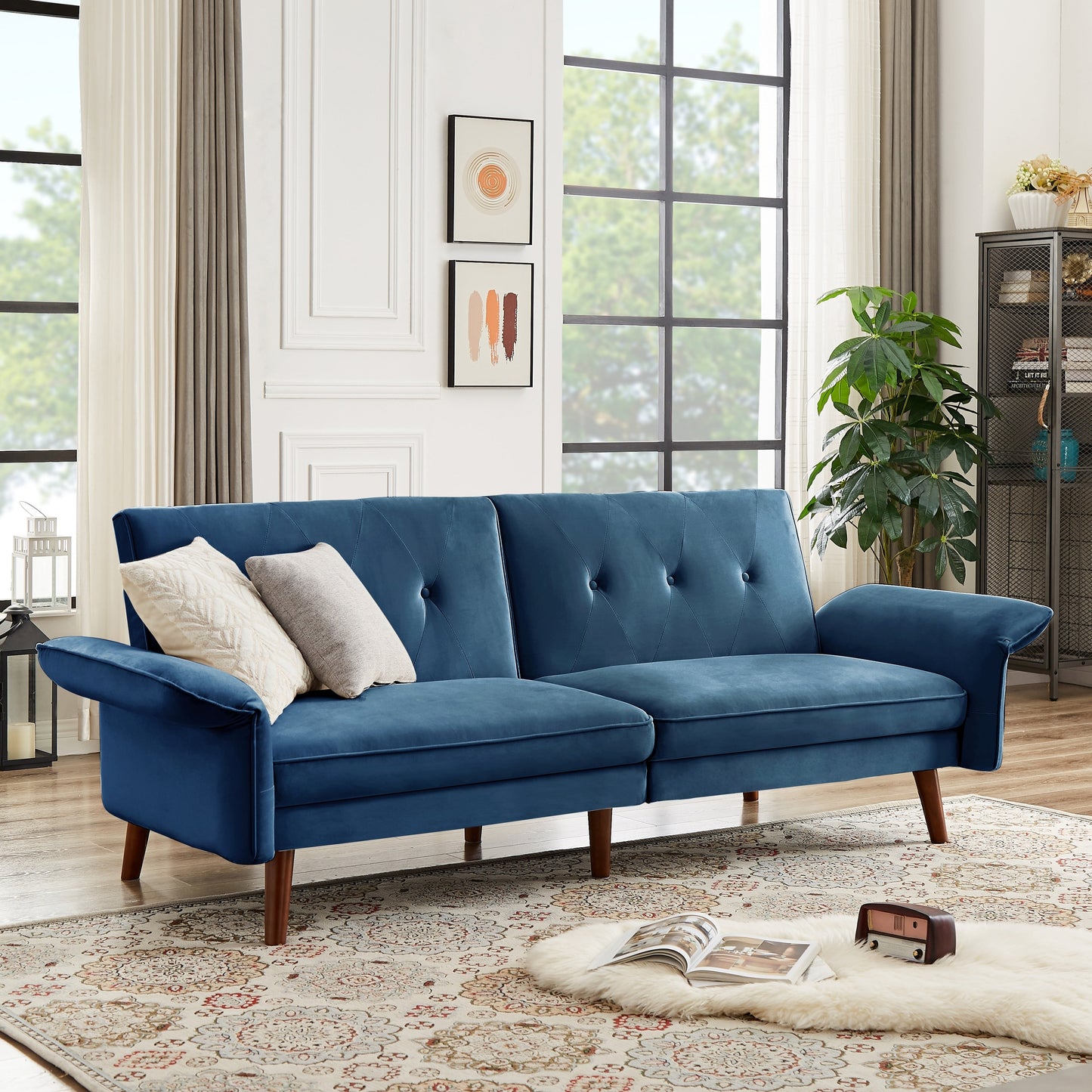 Canapé-lit futon moderne, canapé-lit convertible avec pieds fuselés en bois, 78,35 po, petit canapé à dossier divisé pour salon