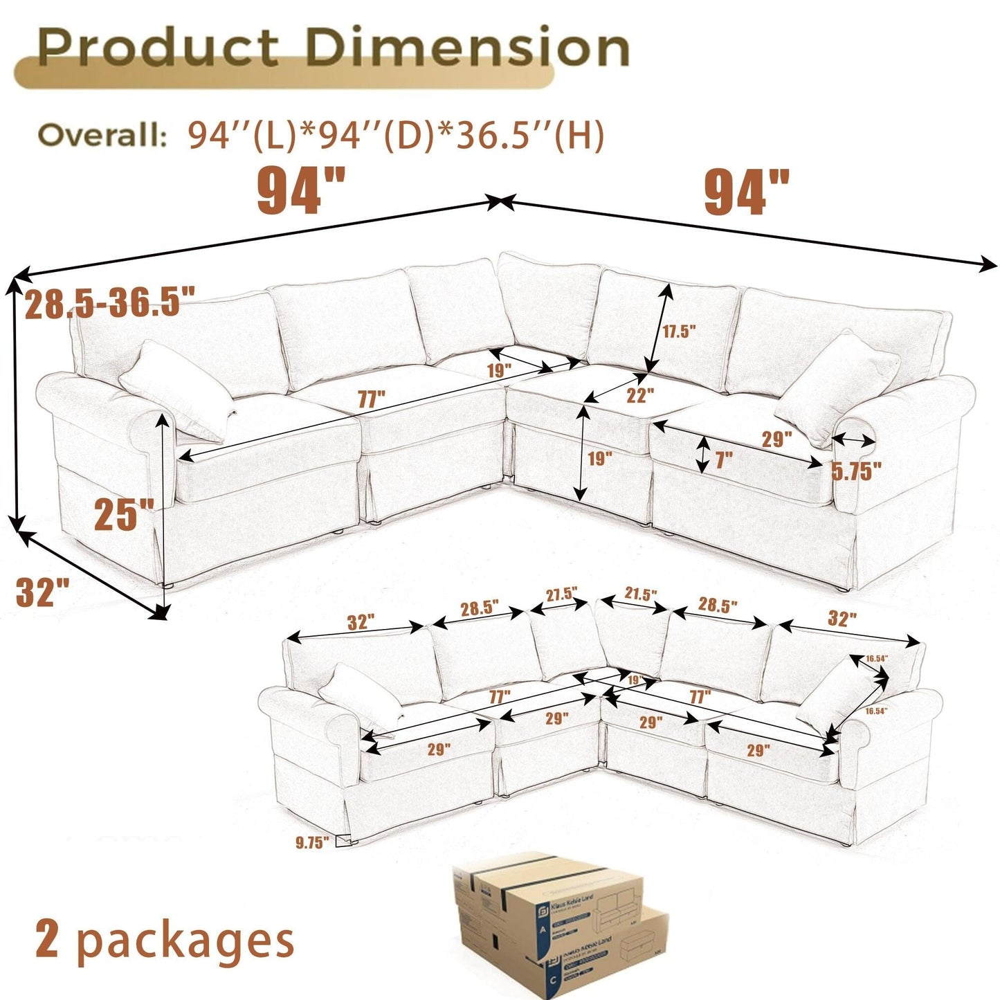 Canapé d'angle sectionnel réversible 5 places en forme de L moderne avec accoudoirs roulés pour salon appartement