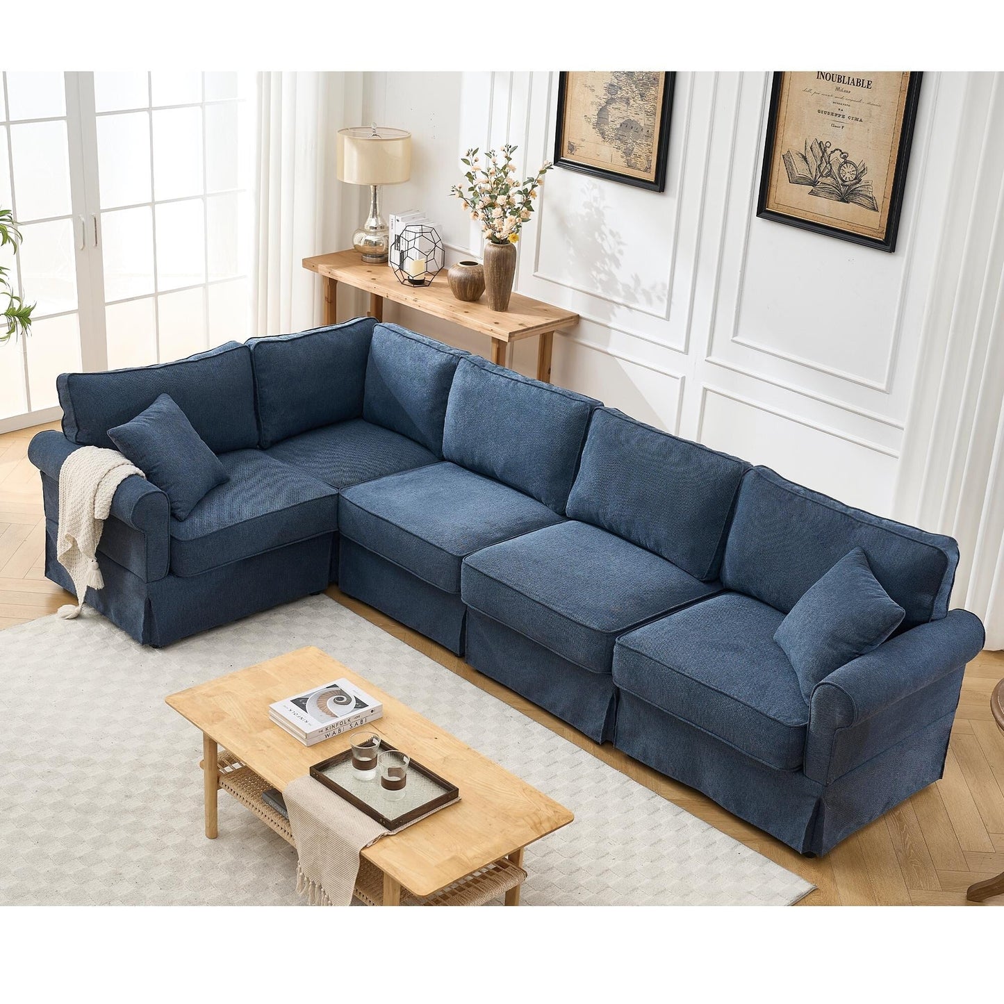 Canapé d'angle sectionnel réversible 5 places en forme de L moderne avec accoudoirs roulés pour salon appartement