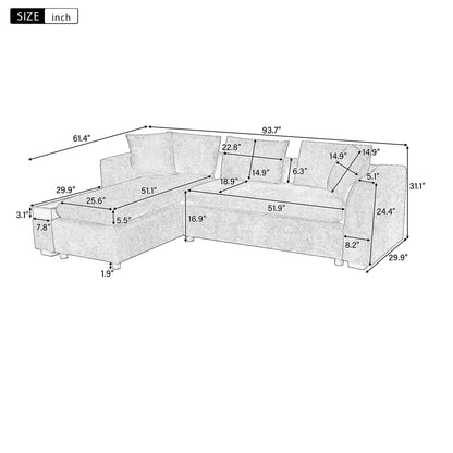 Canapé sectionnel moderne en chenille en forme de L avec compartiment de rangement en bois et coussins assortis pour le salon