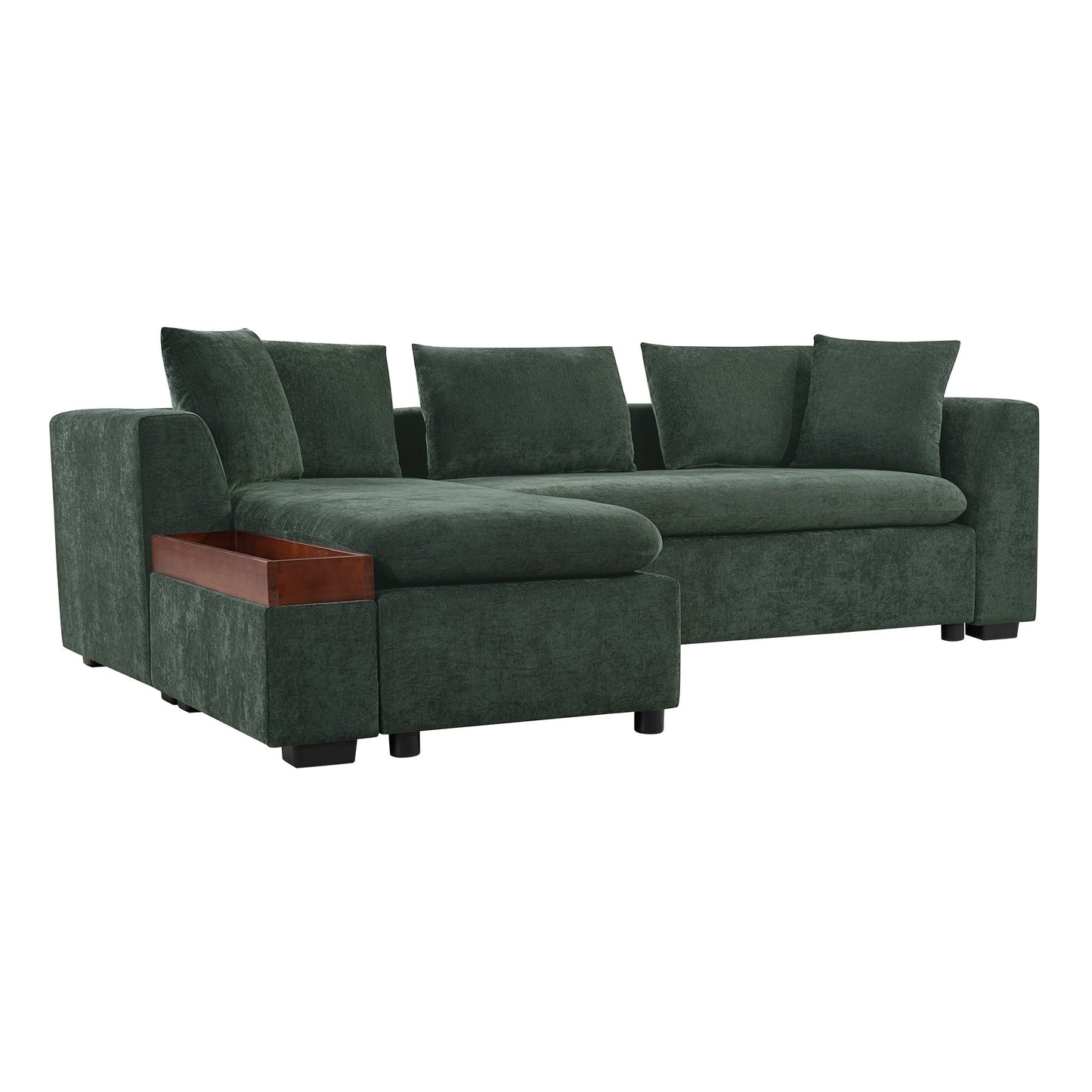 Canapé sectionnel moderne en chenille en forme de L avec compartiment de rangement en bois et coussins assortis pour le salon