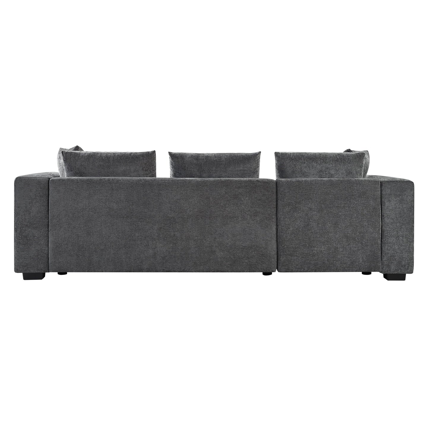 Canapé sectionnel moderne en chenille en forme de L avec compartiment de rangement en bois et coussins assortis pour le salon