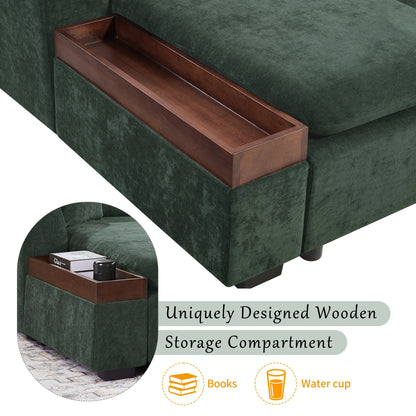 Canapé sectionnel moderne en chenille en forme de L avec compartiment de rangement en bois et coussins assortis pour le salon