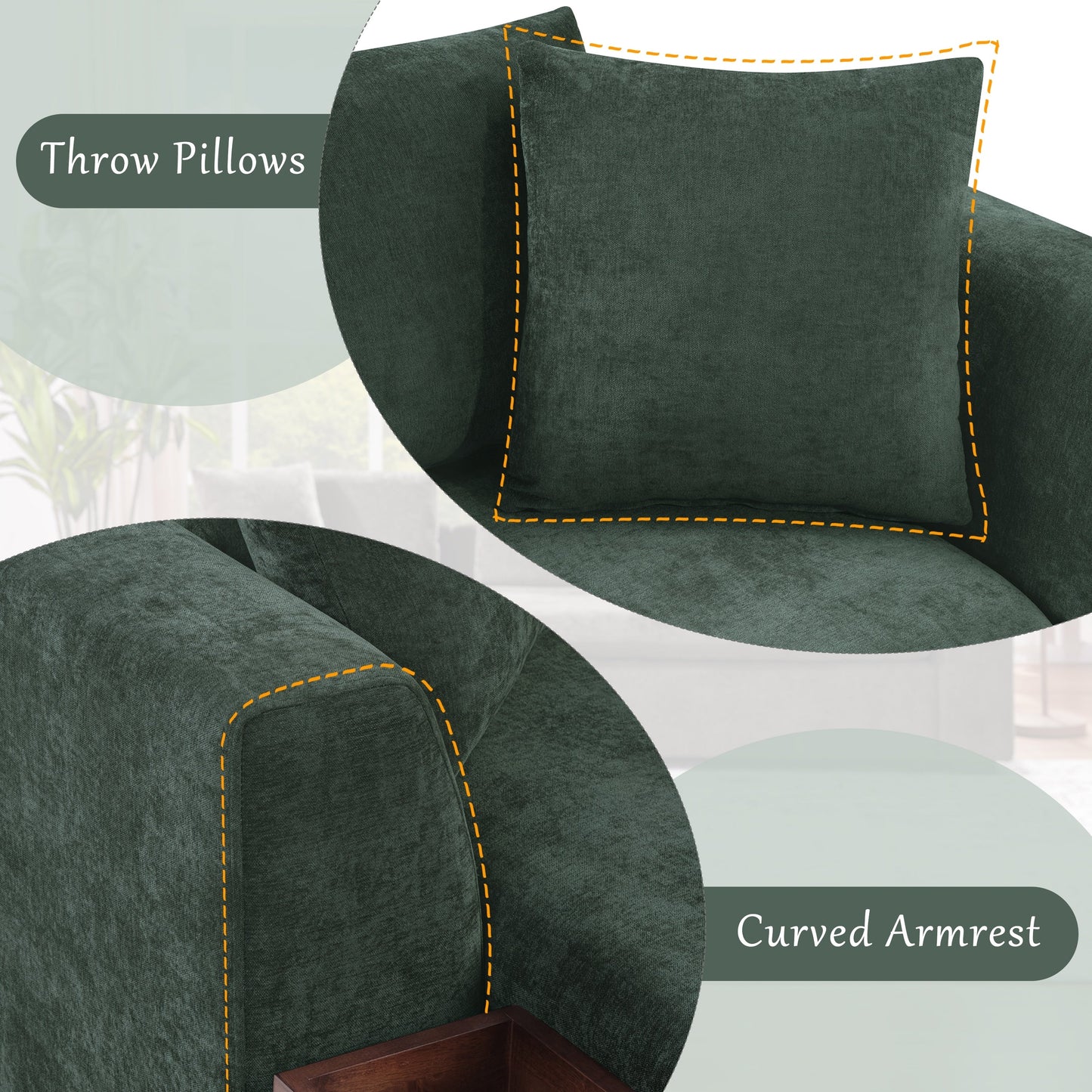 Canapé sectionnel moderne en chenille en forme de L avec compartiment de rangement en bois et coussins assortis pour le salon