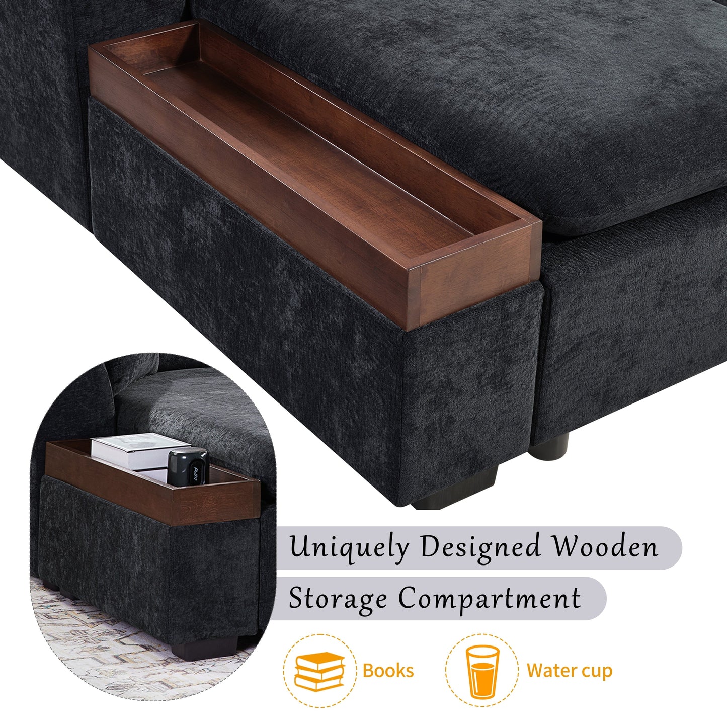 Canapé sectionnel moderne en chenille en forme de L avec compartiment de rangement en bois et coussins assortis pour le salon