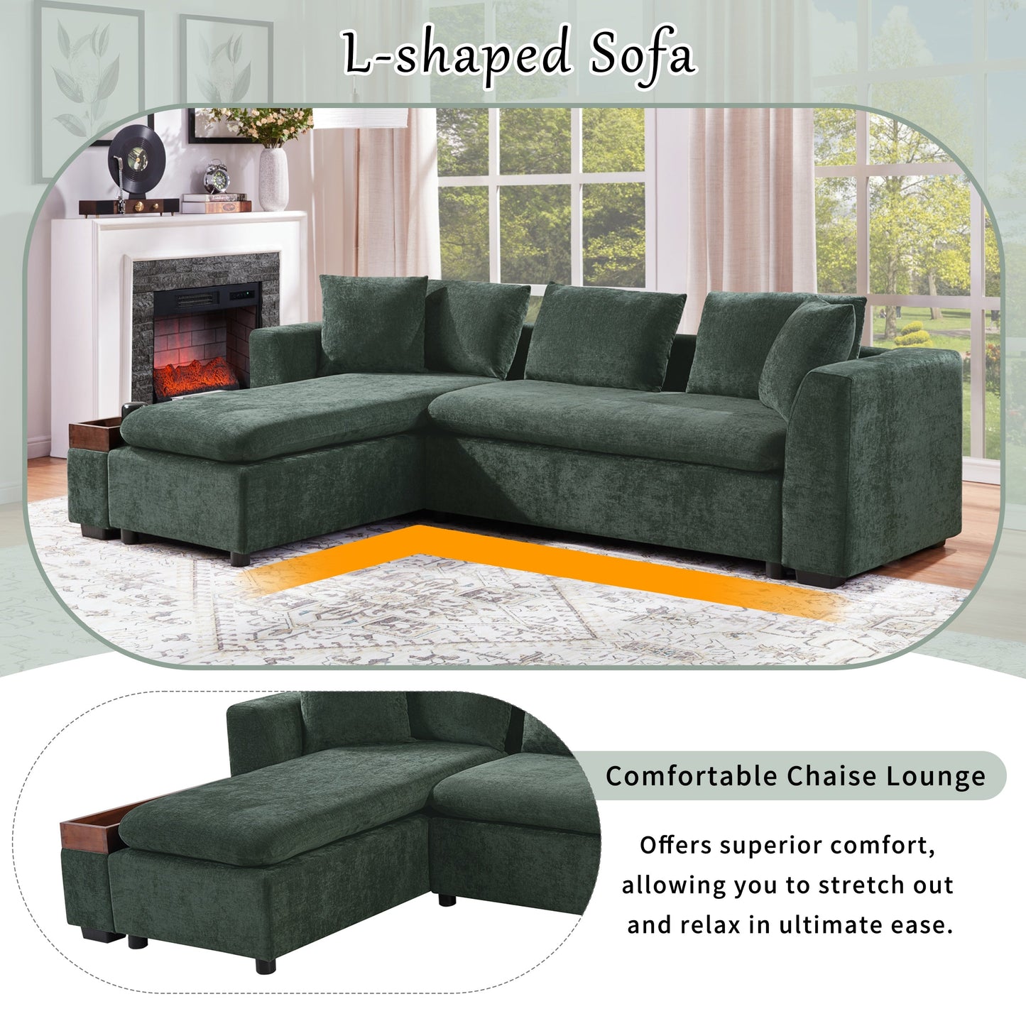 Canapé sectionnel moderne en chenille en forme de L avec compartiment de rangement en bois et coussins assortis pour le salon