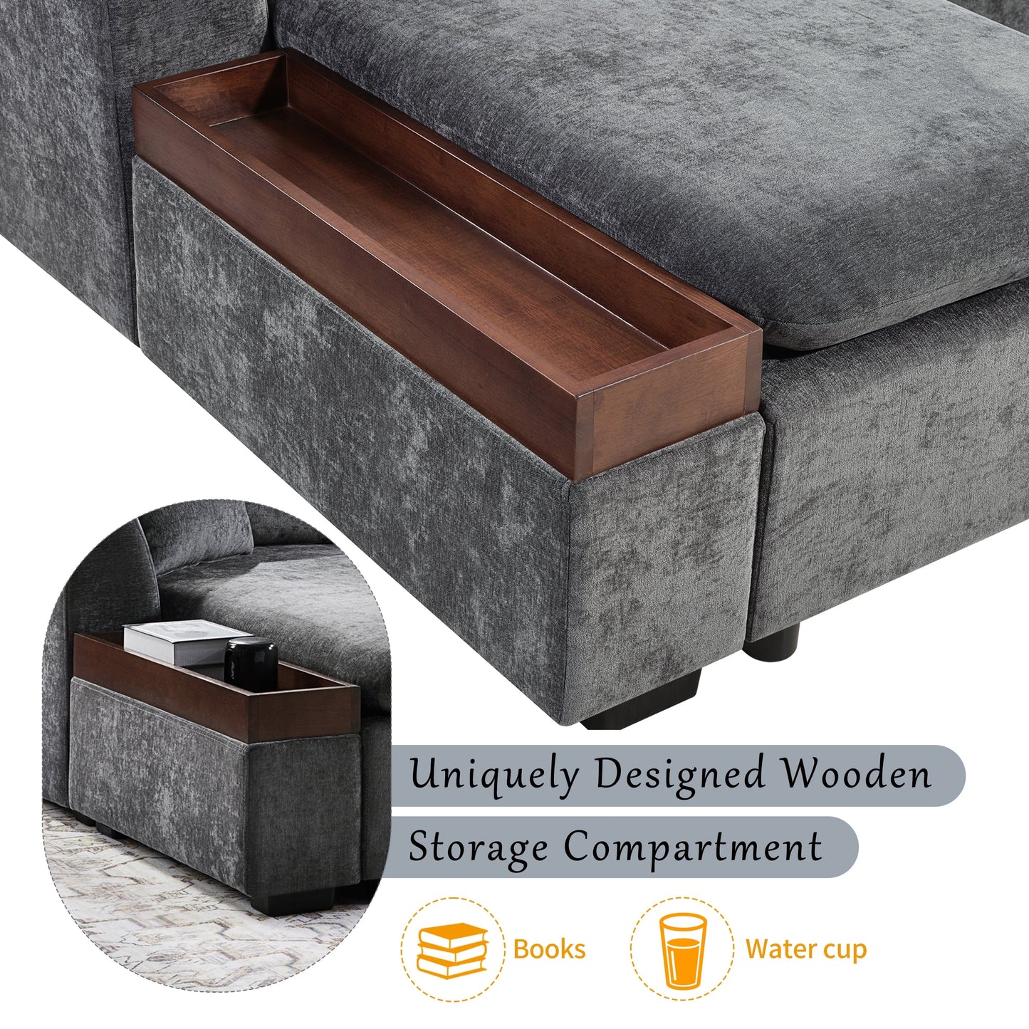 Canapé sectionnel moderne en chenille en forme de L avec compartiment de rangement en bois et coussins assortis pour le salon