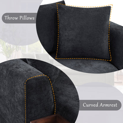 Canapé sectionnel moderne en chenille en forme de L avec compartiment de rangement en bois et coussins assortis pour le salon