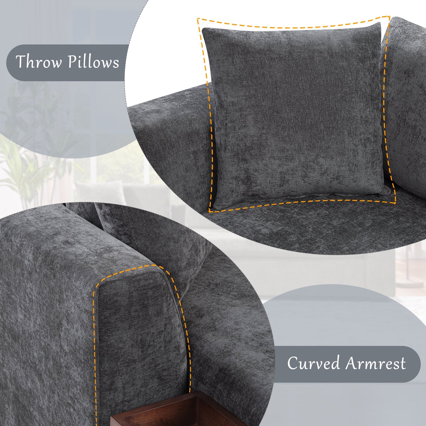 Canapé sectionnel moderne en chenille en forme de L avec compartiment de rangement en bois et coussins assortis pour le salon