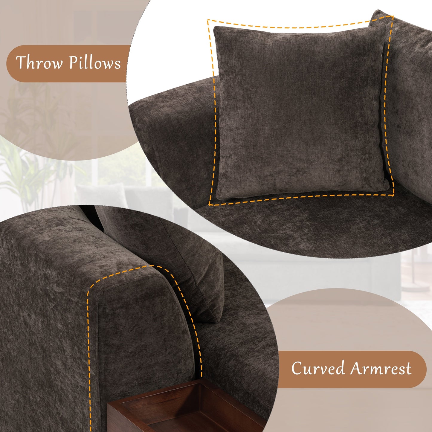 Canapé sectionnel moderne en chenille en forme de L avec compartiment de rangement en bois et coussins assortis pour le salon