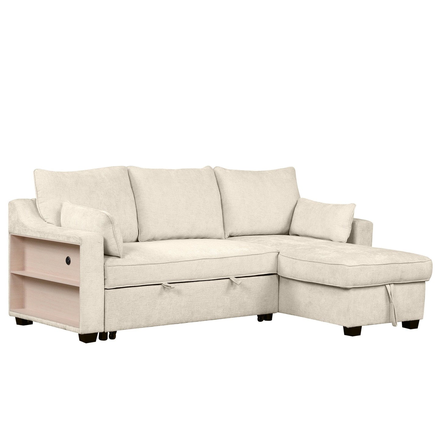 Canapé-lit convertible moderne en L avec méridienne de rangement, ports USB et étagères de rangement pour le salon