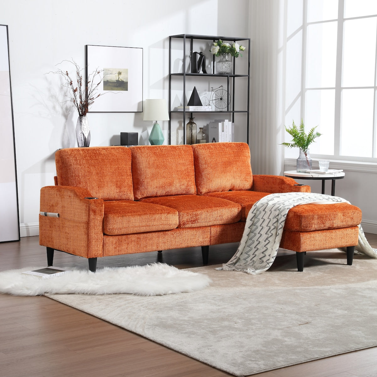 Canapé modulaire moderne en L, 3 places, avec rangement, ottoman, oreillers, porte-gobelets, poches latérales