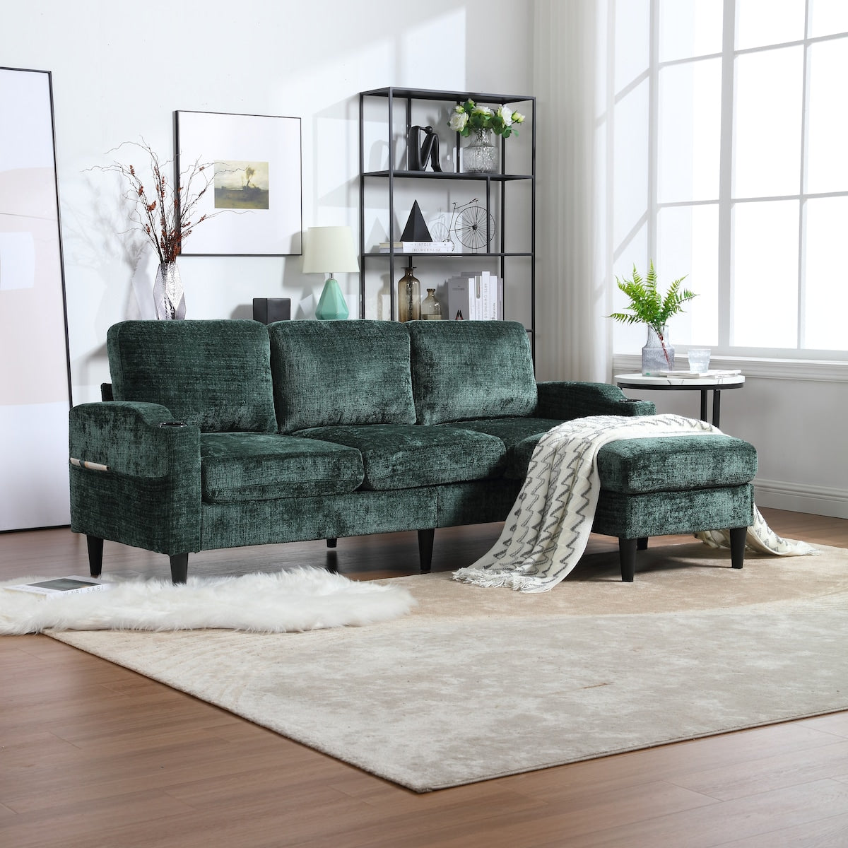 Canapé modulaire moderne en L, 3 places, avec rangement, ottoman, oreillers, porte-gobelets, poches latérales