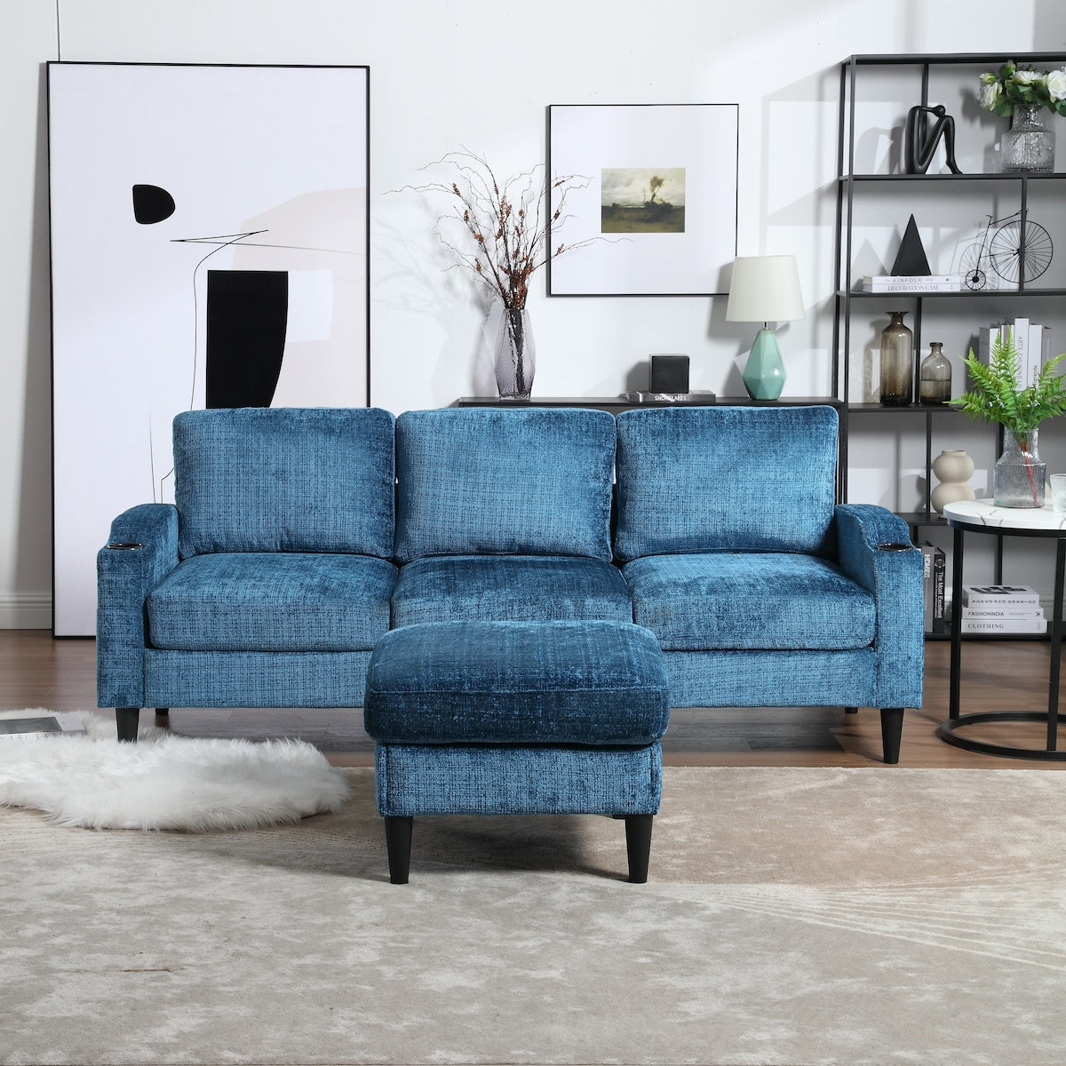 Canapé modulaire moderne en L, 3 places, avec rangement, ottoman, oreillers, porte-gobelets, poches latérales