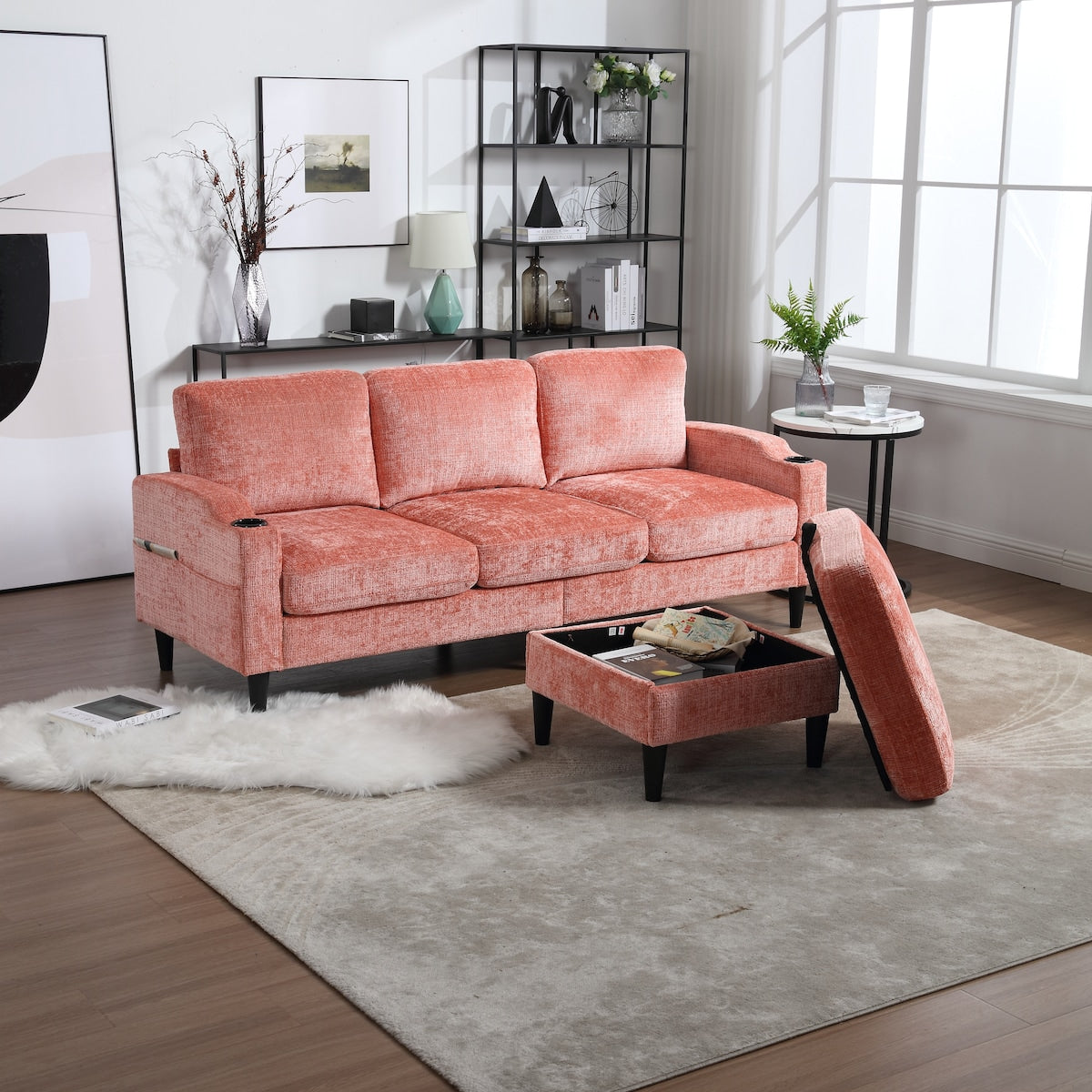 Canapé modulaire moderne en L, 3 places, avec rangement, ottoman, oreillers, porte-gobelets, poches latérales