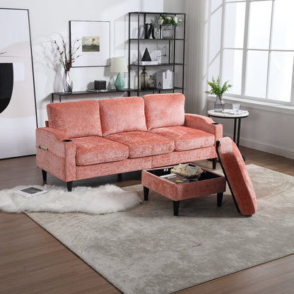 Canapé modulaire moderne en L, 3 places, avec rangement, ottoman, oreillers, porte-gobelets, poches latérales