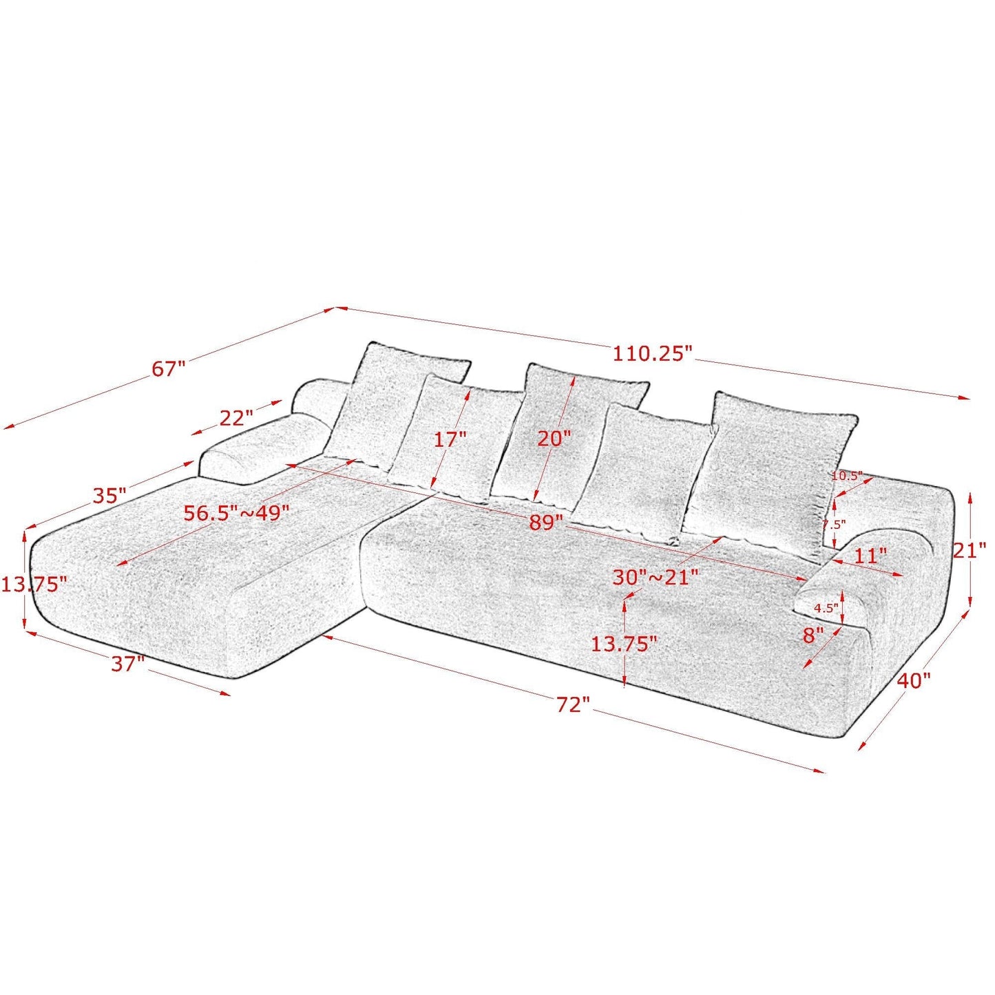 Canapé sectionnel 4 places moderne en forme de L, rembourré et modulaire, pour salon ou appartement