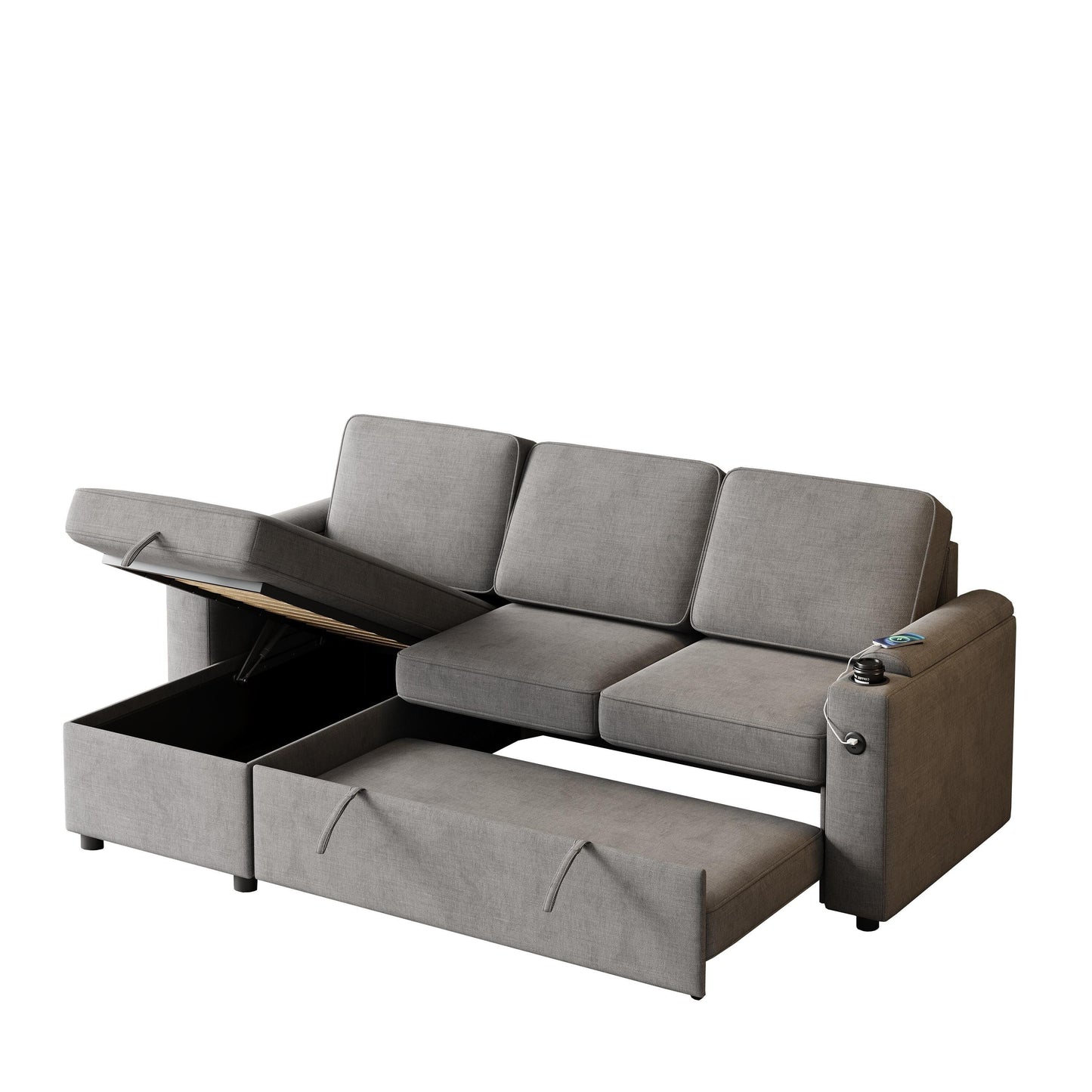 Canapé-lit gigogne moderne en L avec méridienne réversible, rangement, chargement USB et porte-gobelets pour le salon