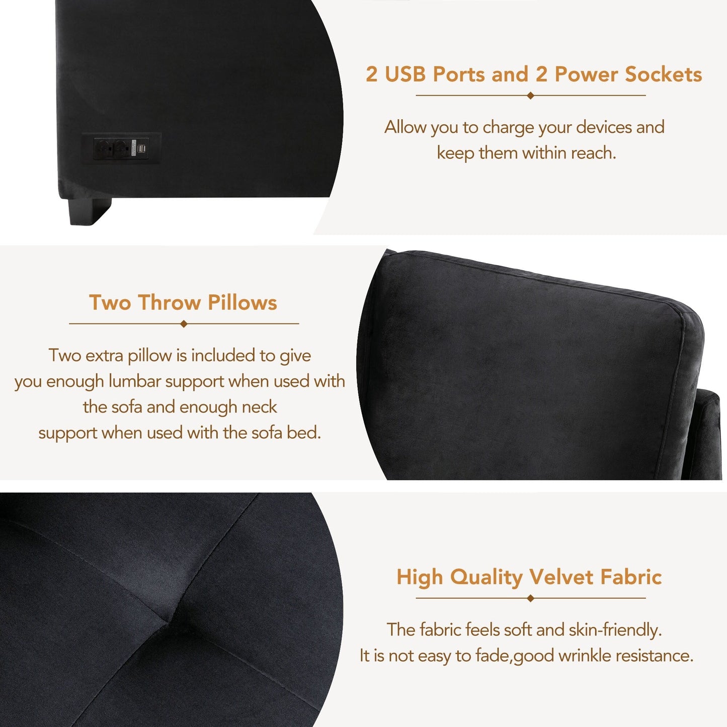 Canapé-lit d'angle moderne en velours en forme de L avec pouf de rangement, accoudoirs dissimulés et chargeur USB