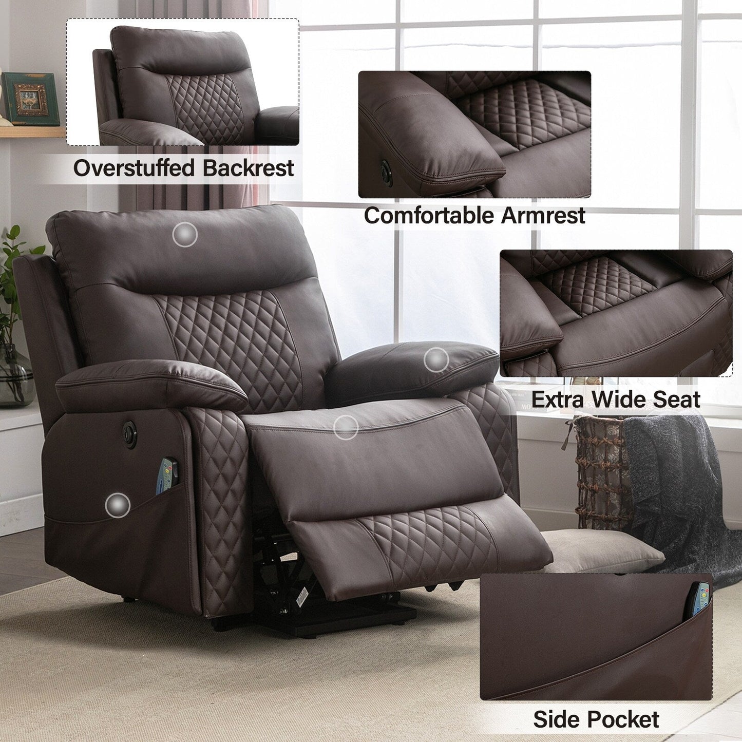 Fauteuil de massage chauffant et inclinable en cuir moderne pour personnes âgées