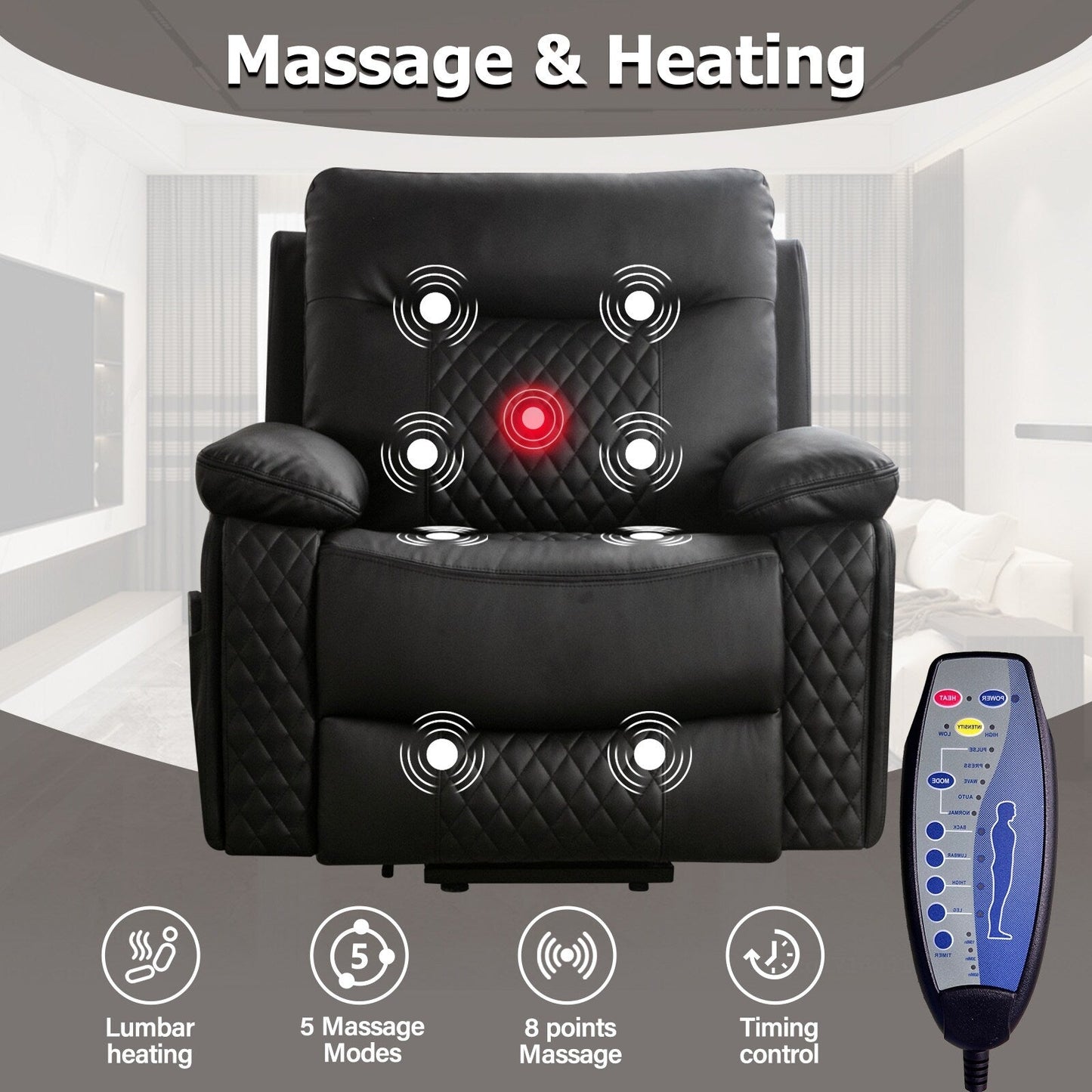 Fauteuil de massage chauffant et inclinable en cuir moderne pour personnes âgées