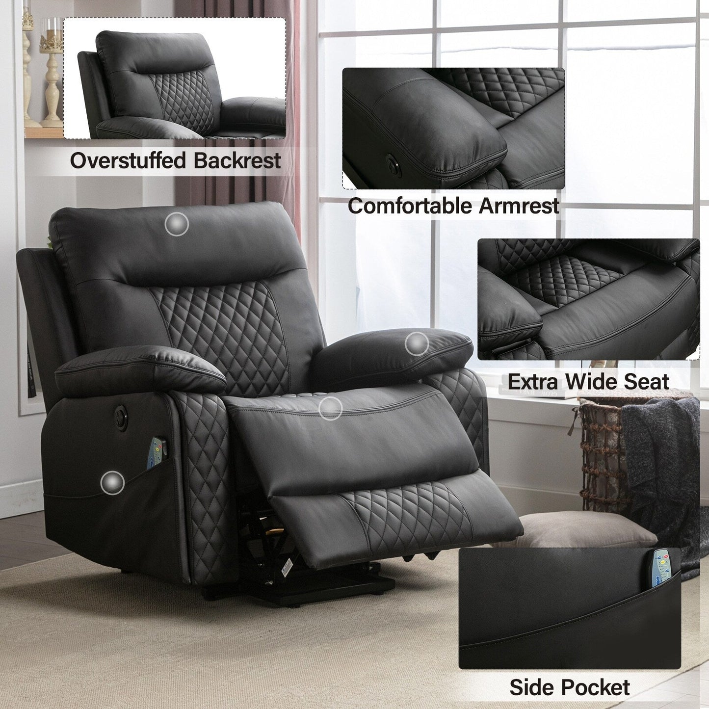 Fauteuil de massage chauffant et inclinable en cuir moderne pour personnes âgées