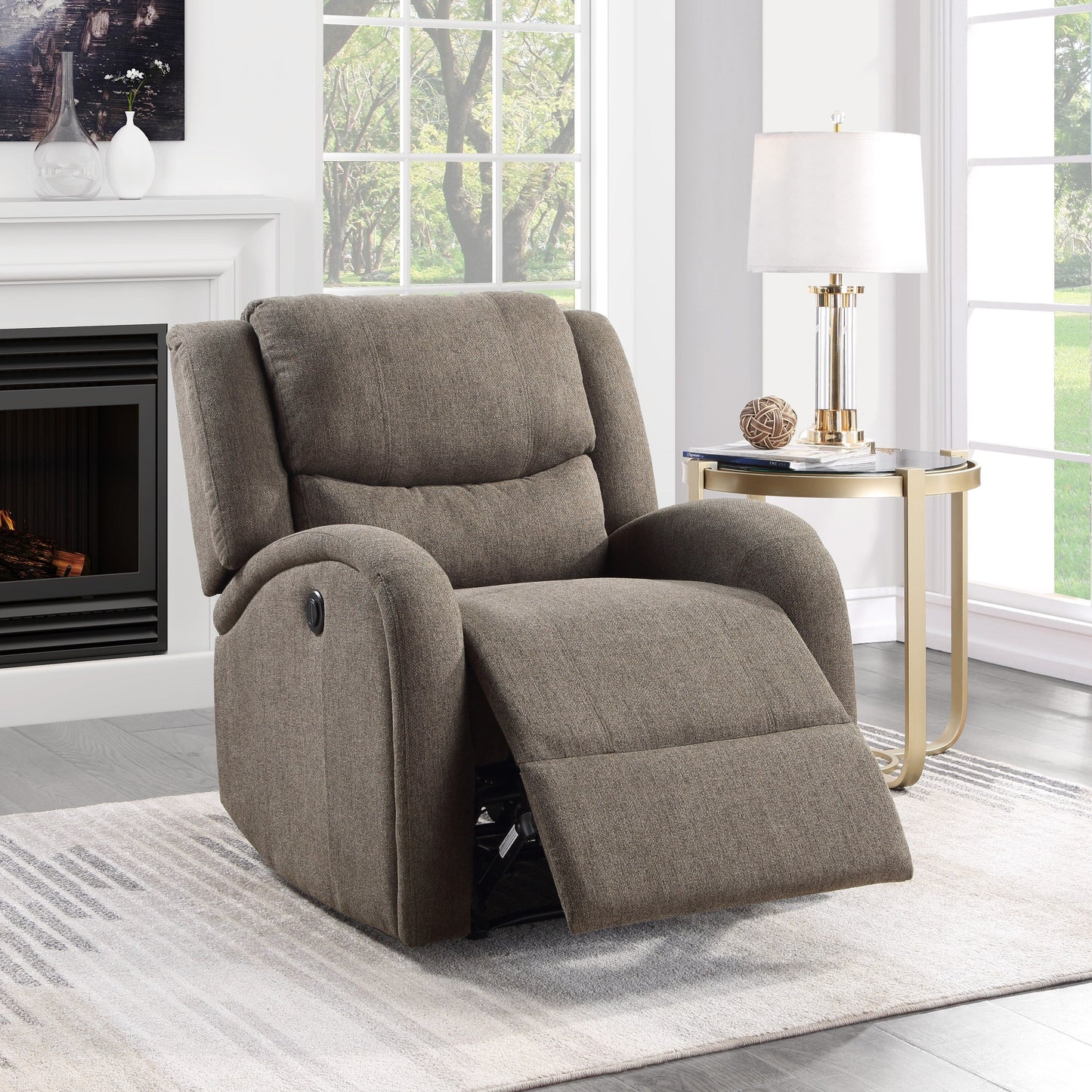 Mobilier de salon moderne 1 pièce Fauteuil inclinable électrique Revêtement en chenille marron Siège en peluche Cadre en bois massif
