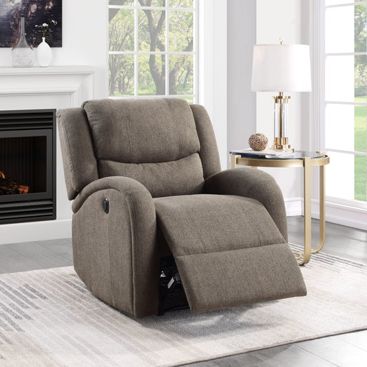 Mobilier de salon moderne 1 pièce Fauteuil inclinable électrique Revêtement en chenille marron Siège en peluche Cadre en bois massif