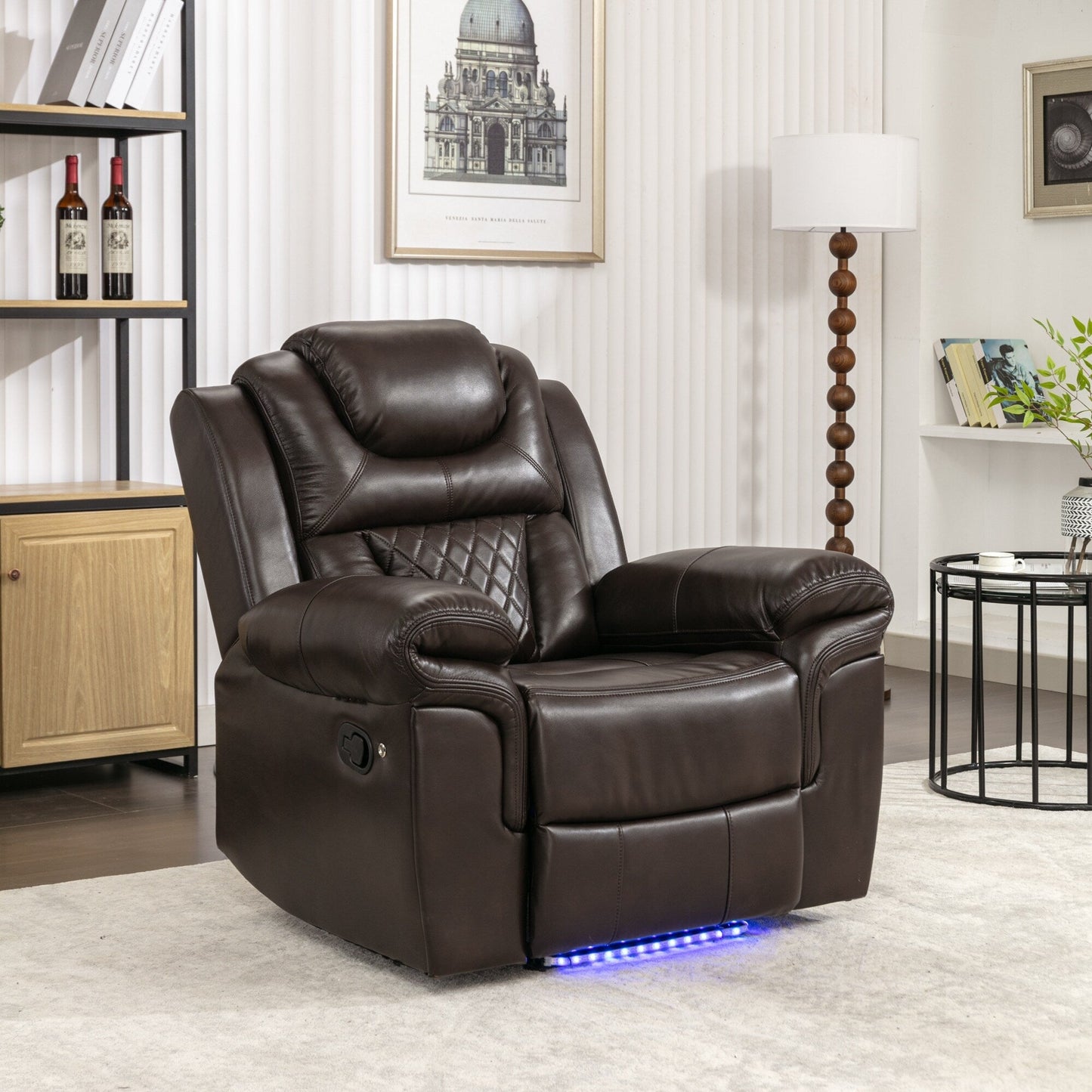 Fauteuil inclinable manuel moderne pour home cinéma avec bande lumineuse LED, dossier réglable et repose-pieds pour salon ou chambre