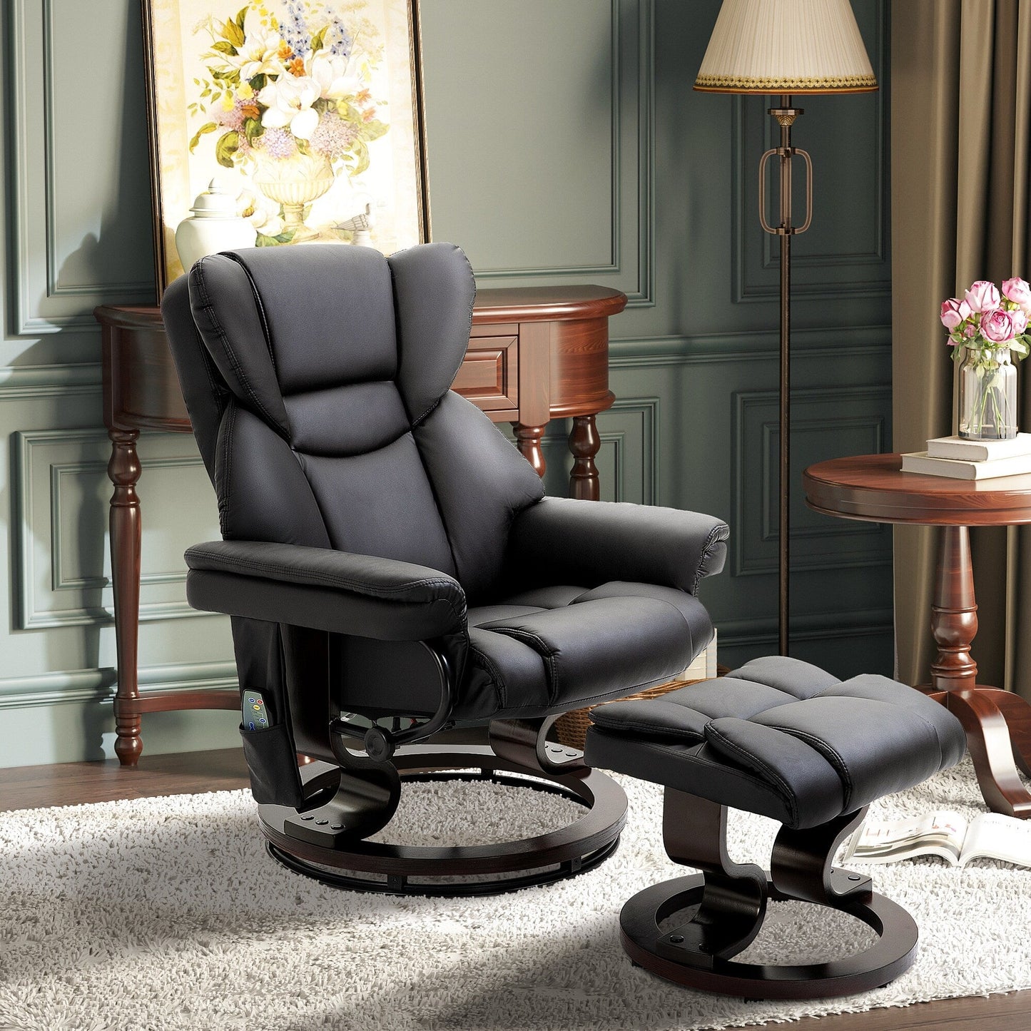 Fauteuil de massage inclinable moderne, réglable en cuir PU, pivotant à 360°, avec repose-pieds et télécommande
